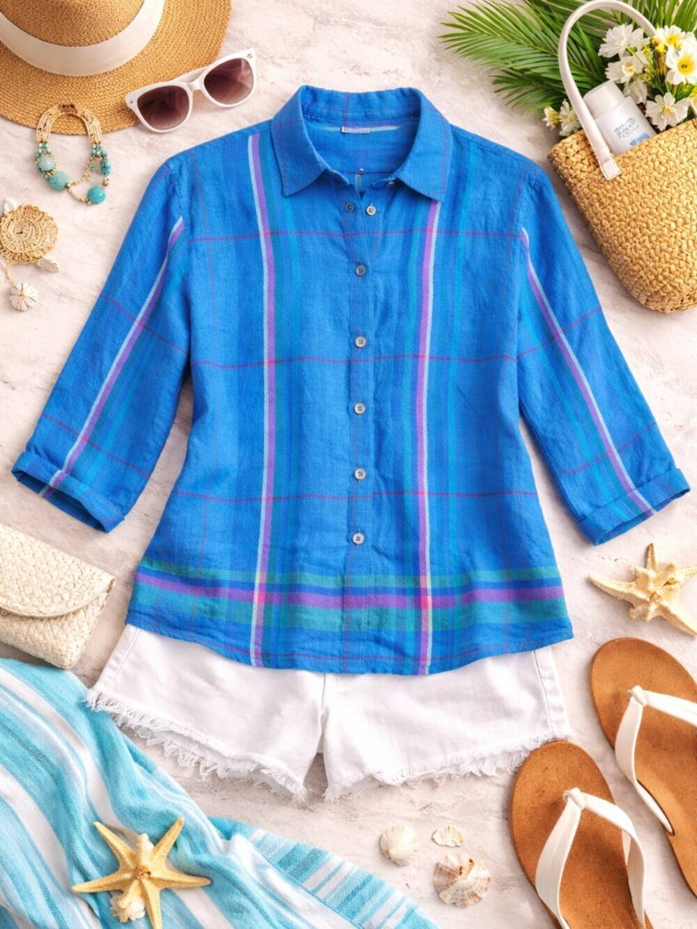 Westbound Blue Linen Button Front Shirt Plaid Lightweight Top Medium